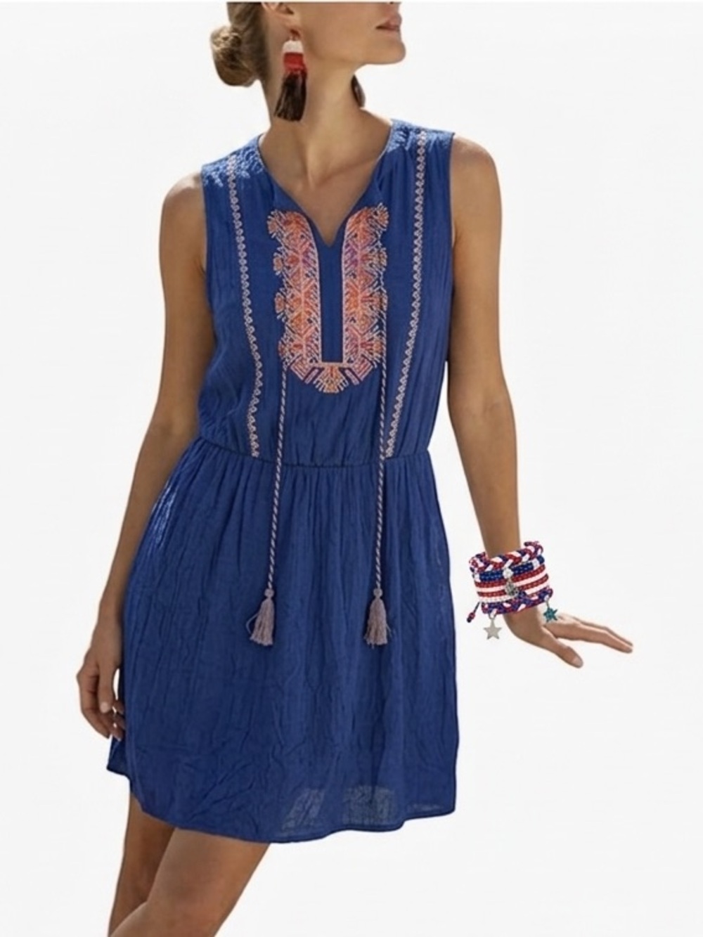 As U Wish Red  White and Blue Boho Embroidered Shift Dress Lined Size Medium